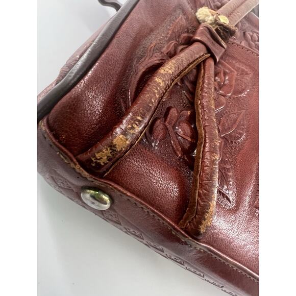 Vtg Aztec Hand Tooled Brown Leather Satchel Purse Mexico Mayan Boho Bag Roses - Picture 7 of 16